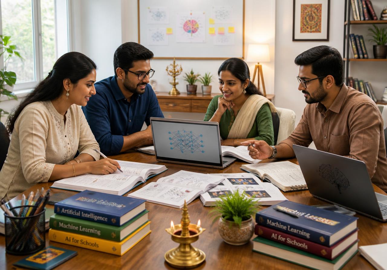 Illustration of the FathomKey team collaborating on the AI book series