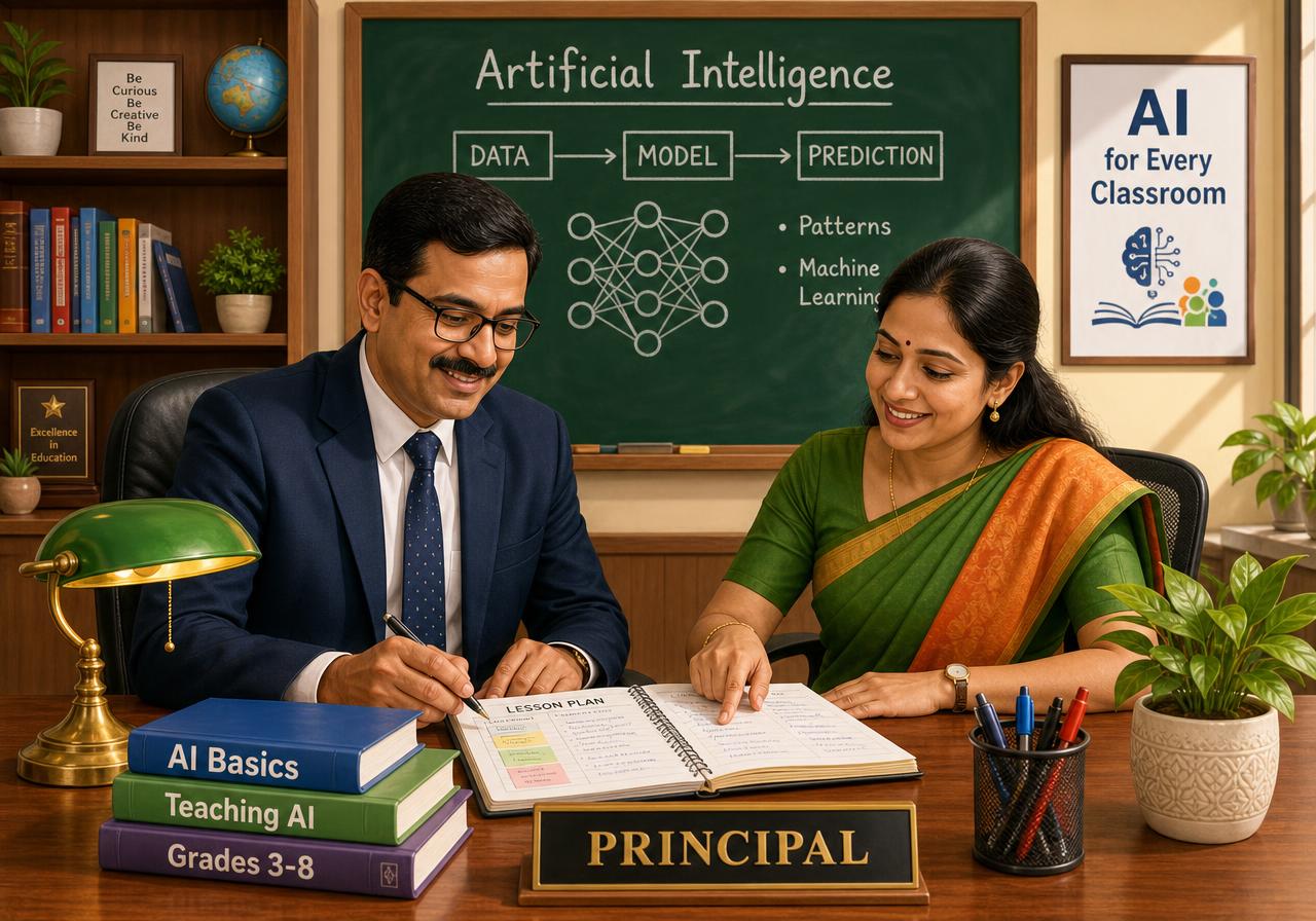 Illustration of a school leader reviewing FathomKey sample books with a colleague