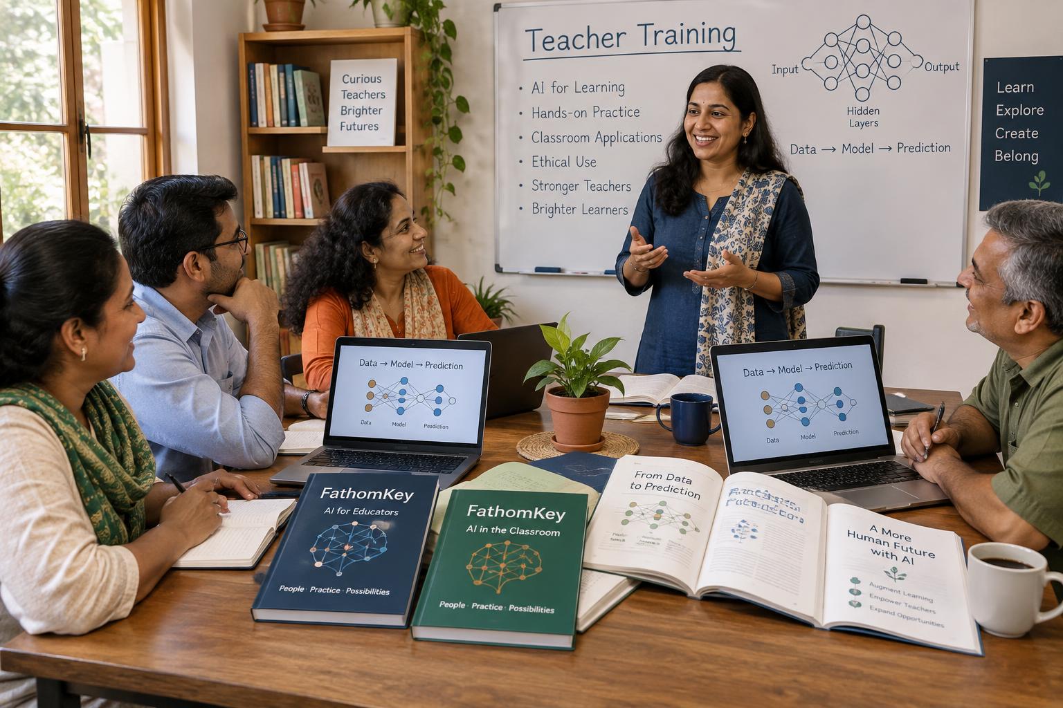 Indian teachers in a FathomKey AI training workshop reviewing lesson materials and a neural-network diagram with a facilitator
